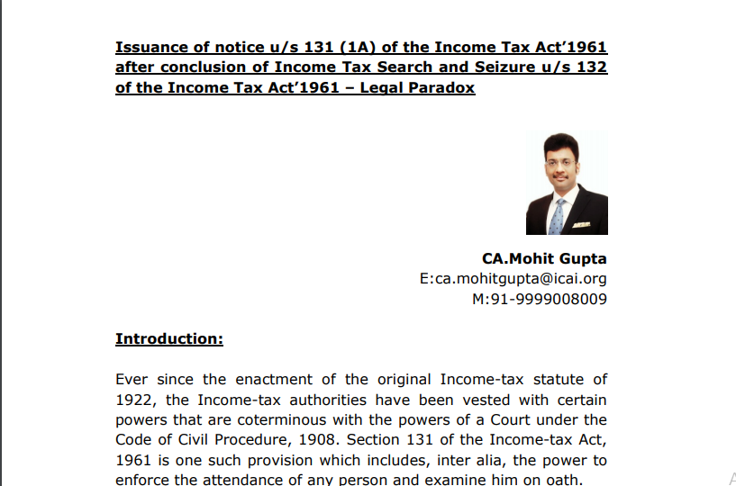 Issuance of notice u/s 131 (1A) of the Income Tax Act 1961