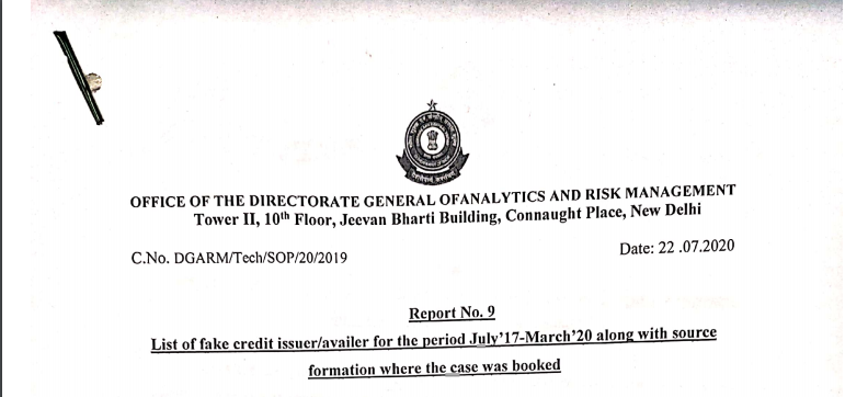 List of Fake invoice issuer from July 2017 to March 2020, Total 9757 GSTIN have been detected.