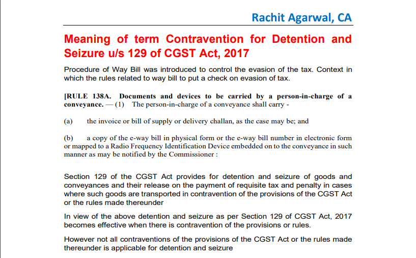 Meaning of term Contravention for Detention and Seizure u/s 129 of CGST Act, 2017 