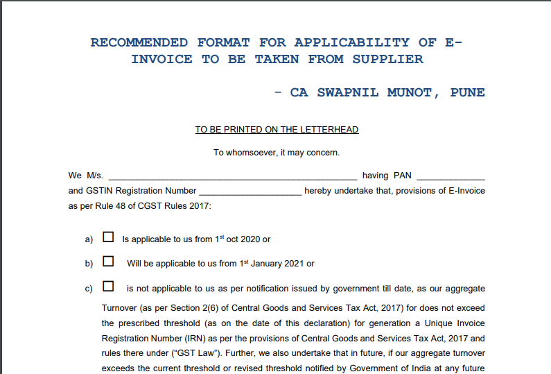 Recommended Format For Applicability of E-Invoice To Be Taken From Supplier