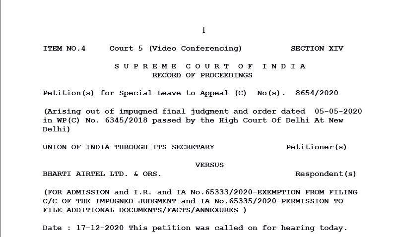 Supreme Court in the case of Union of India Versus Bharti Airtel Ltd.