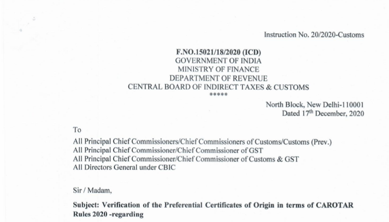 Verification of the Preferential Certificates of Origin in terms of CAROTAR Rules 2020: CBIC