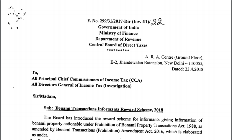 Benami Transactions Informants Reward Scheme, 2018: CBDT