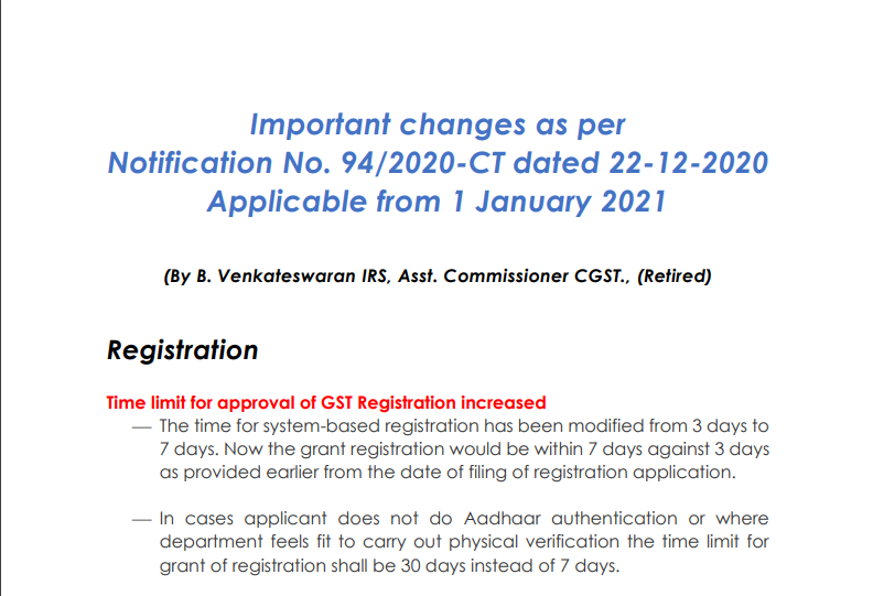 Important changes as per Notification No. 94/2020-CT dated 22-12-2020 Applicable from 1 January 2021