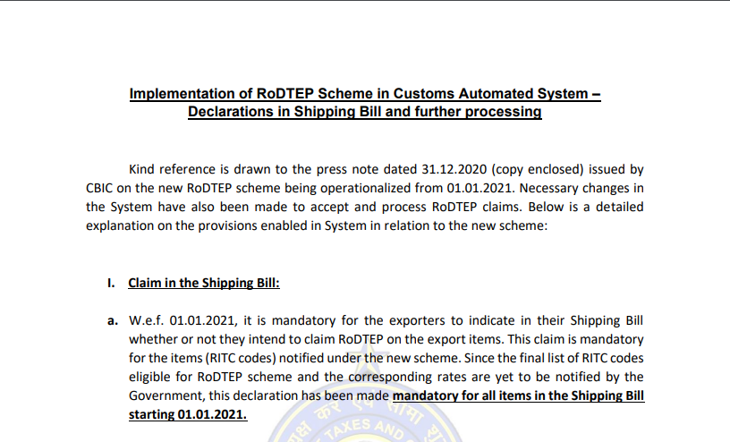 Implementation of RoDTEP Scheme in Customs Automated System – Declarations in Shipping Bill and further processing.