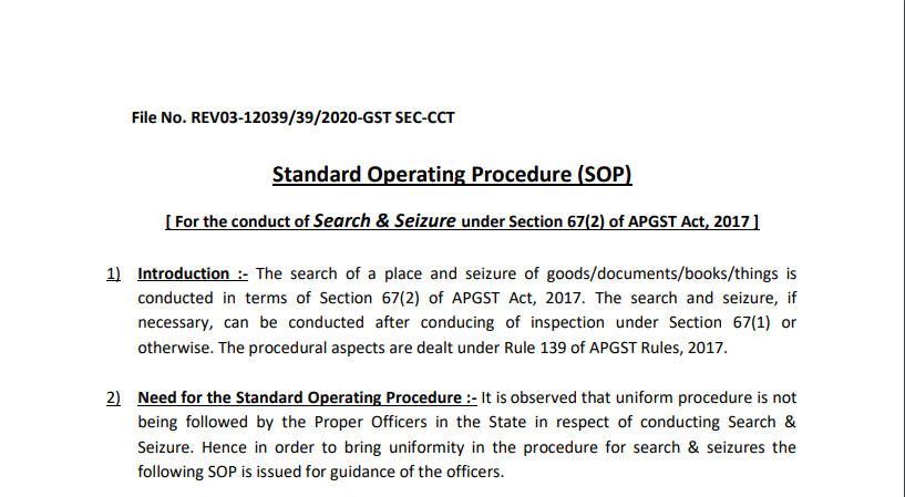 SOP For the conduct of Search & Seizure under Section 67(2) of APGST Act, 2017. 
