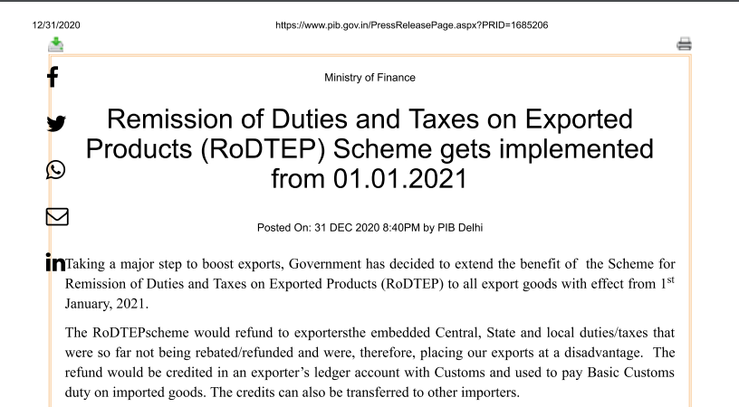Remission of Duties and Taxes on Exported Products (RoDTEP) Scheme gets implemented from 01.01.2021: PIB.