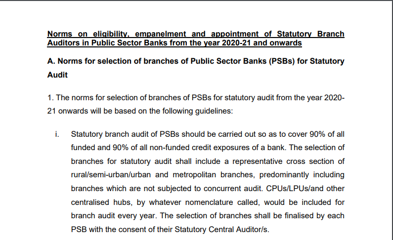 Norms on eligibility, empanelment, and appointment of Statutory Branch Auditors in Public Sector Banks from the year 2020-21 and onwards: RBI