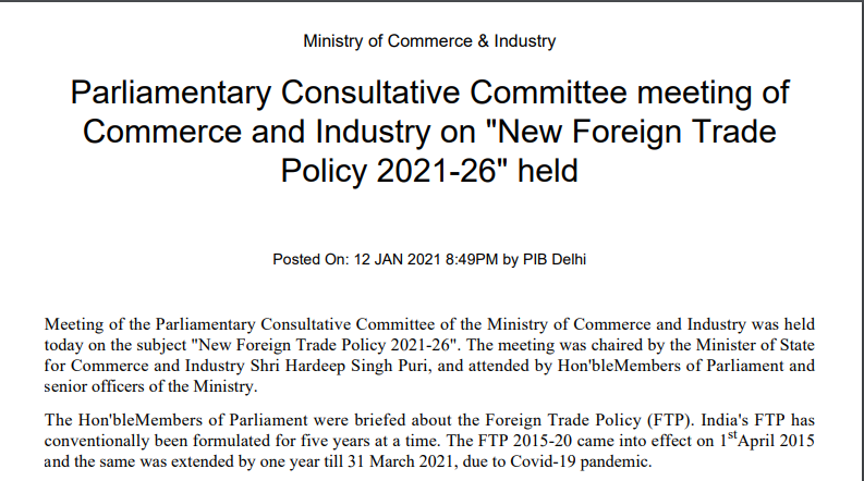 Parliamentary Consultative Committee meeting of Commerce and Industry on "New Foreign Trade Policy 2021-26" held: PIB