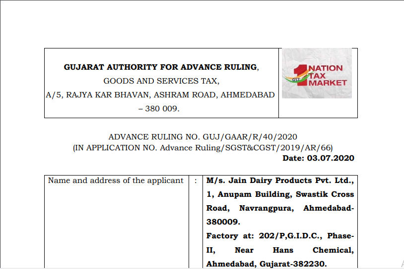 Gujarat AAR in the case of M/s. Jain Dairy Products Pvt. Ltd.