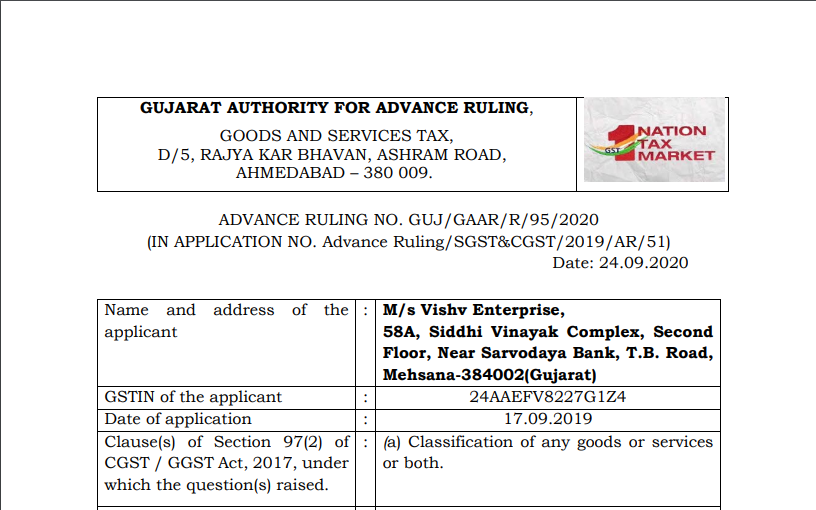 Gujarat AAR in the case of M/s Vishv Enterprise