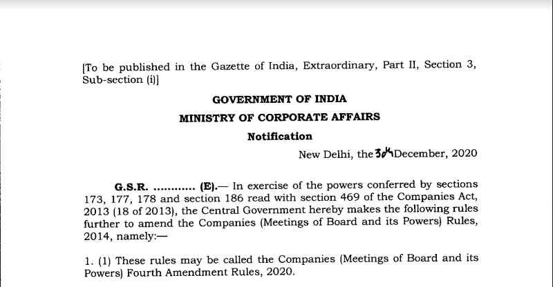MCA Notifies Companies (Meetings of Board and its Powers) Fourth Amendments Rules, 2020