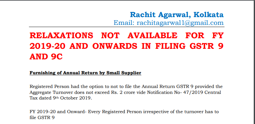 Relaxations Not Available For FY 2019-20 And Onwards In Filing GSTR 9 And 9C