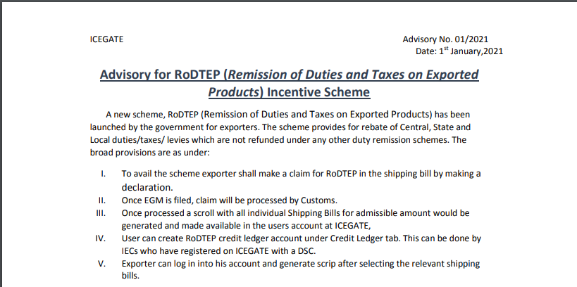 Advisory for RoDTEP (Remission of Duties and Taxes on Exported Products) Incentive Scheme