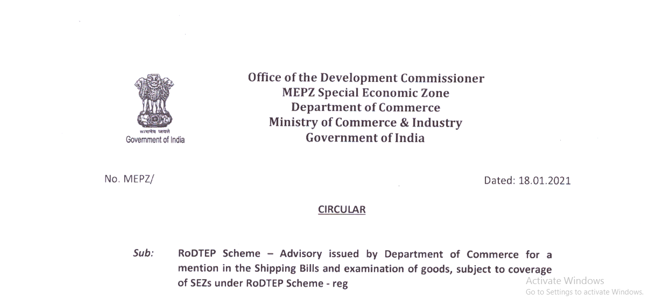 Advisory issued by Department of Commerce for a mention in the Shipping Bills and examination of goods, subject to coverage of SEZs under RoDTEP Scheme 