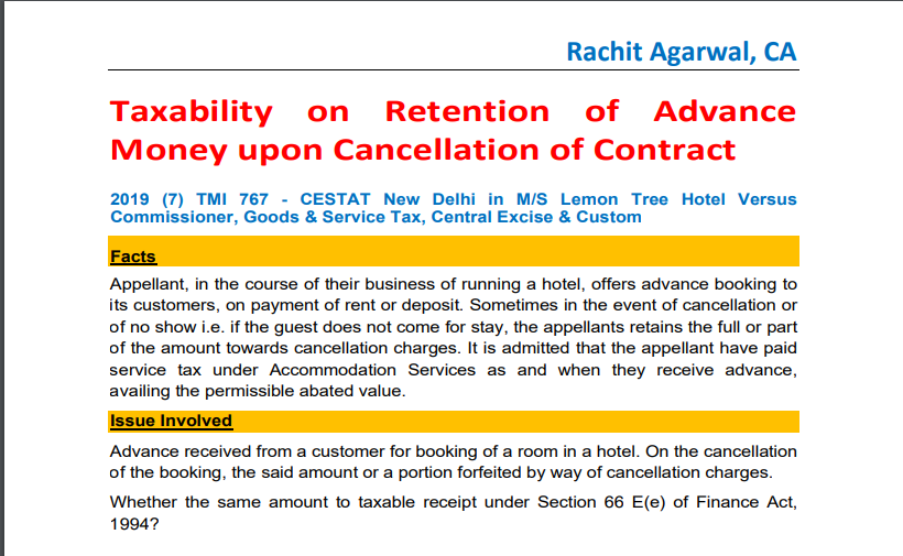 Taxability on Retention of Advance Money upon Cancellation of Contract 