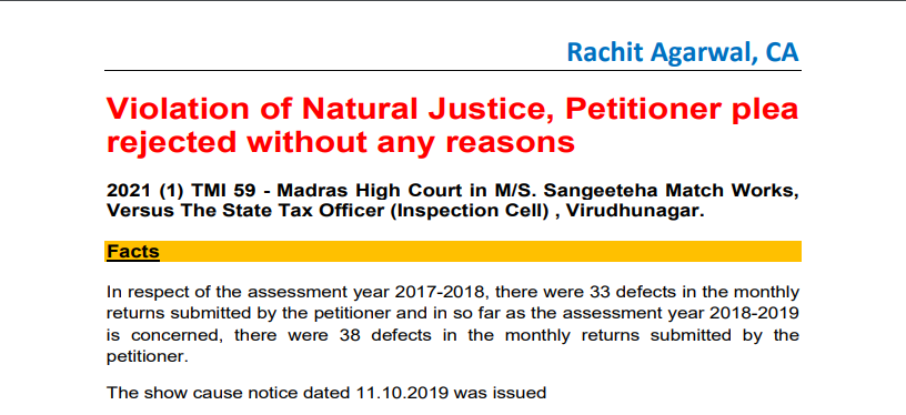 Violation of Natural Justice, Petitioner Plea Rejected Without Any Reasons. 