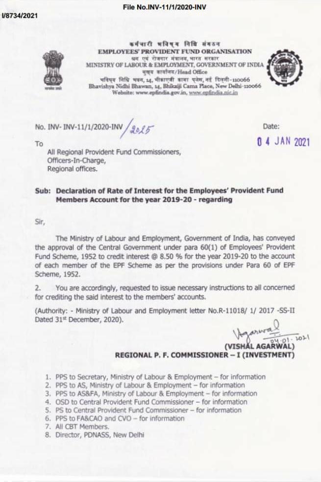 Declaration of Rate of Interest for the Employees' Provident Fund Members Account for the year 2019-20: EPFO