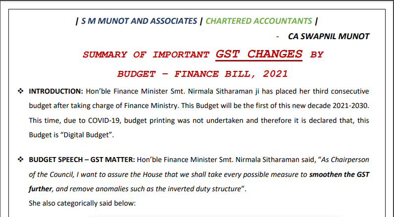 Summary of Important GST Changes By Budget – Finance Bill, 2021