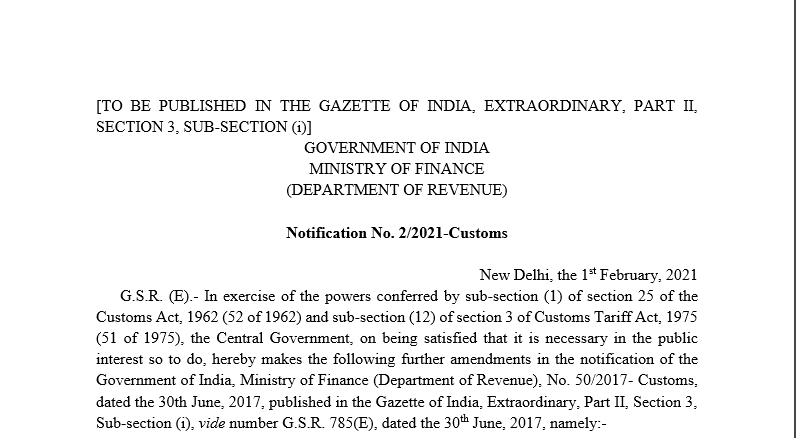 Notification No. 2/2021-Customs