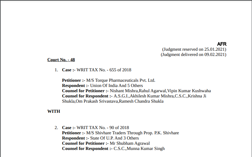 Allahabad HC in the case of M/s Torque Pharmaceuticals Pvt. Ltd. Versus Union Of India