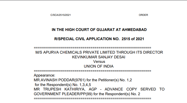 Gujarat HC in the case of M/s Apurva Chemicals Private Limited Versus Union of India