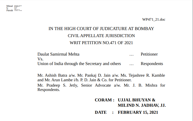 Bombay HC in the case of Daulat Samirmal Mehta Versus Union of India