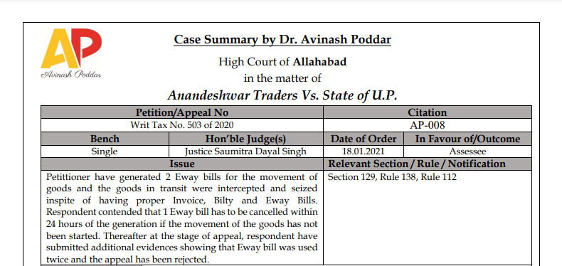 Allahabad HC in the case of Anandeshwar Traders Versus State of U.P.