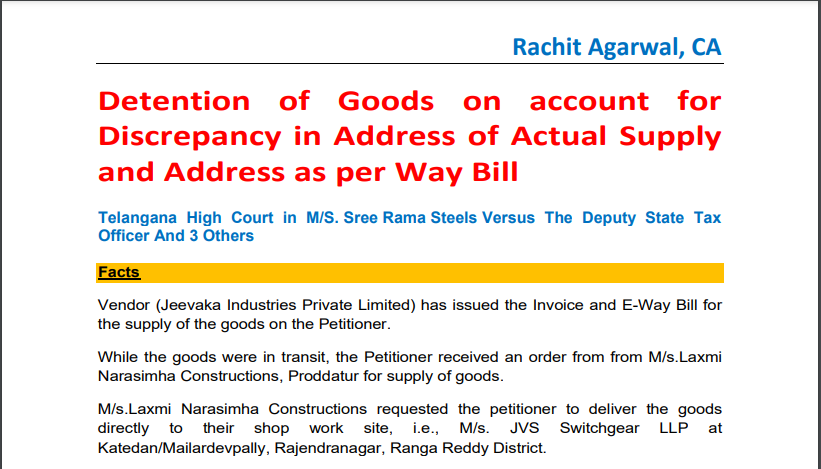 Detention of Goods on account for Discrepancy in Address of Actual Supply and Address as per Way Bill