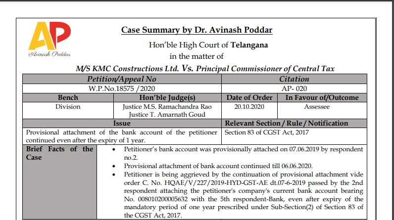 Telangana HC in the case of M/s KMC Constructions Ltd. Versus Principal Commissioner of Central Tax