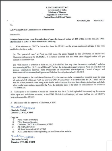 Instruction regarding selection of cases for issue of notice u/s 