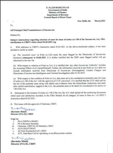 Instruction regarding the selection of cases for the issue of notice u/s 148 of the Income-tax Act, 1961-Clarification to CBDT's Letter dated 04.03.2021.