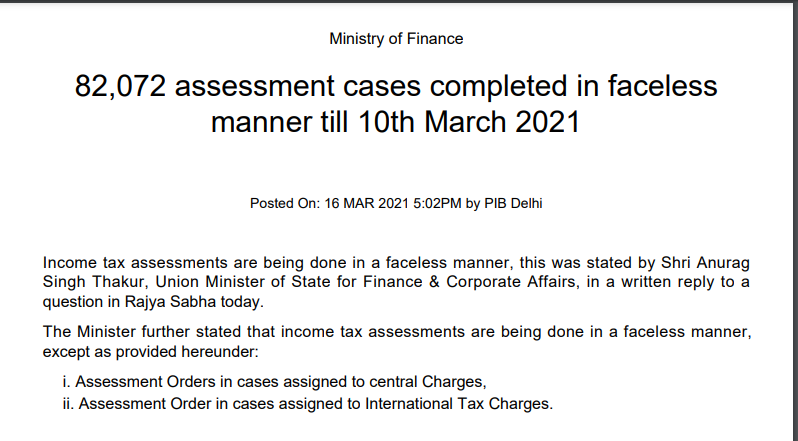 82,072 assessment cases completed in a faceless manner till 10th March 2021: PIB. 