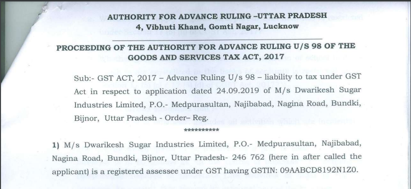 Uttar Pradesh AAR in the case of M/s. Dwarikesh Sugar Industries Limited