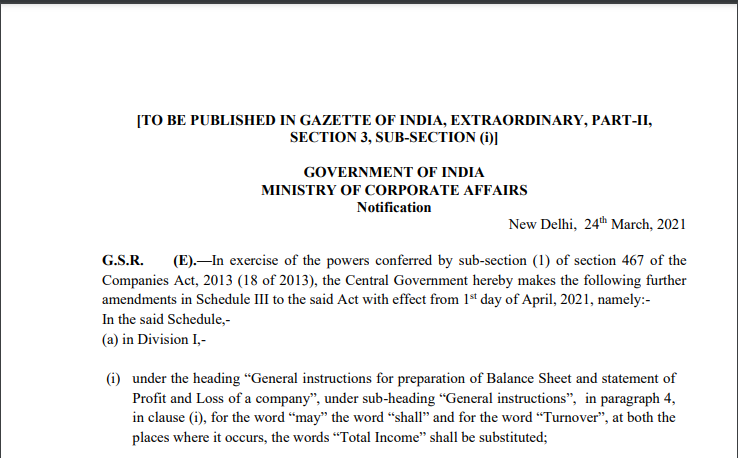 MCA Notifies Amendments in Schedule-III of Companies Act, 2013 Effective From 01.04.2021