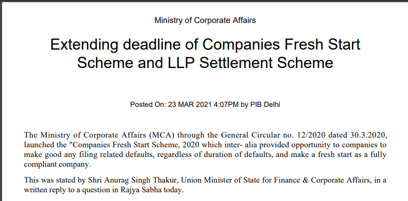 Extending deadline of Companies Fresh Start Scheme and LLP Settlement Scheme: PIB.
