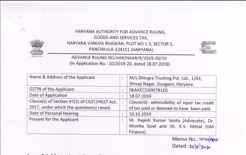 Haryana AAR in the case of M/s Dhingra Trucking Pvt. Ltd.