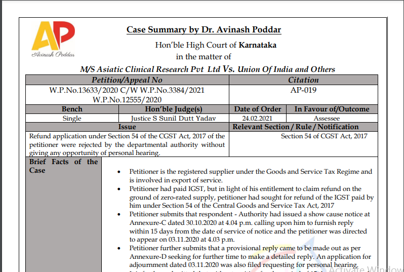 Karnataka HC in the case of M/s Asiatic Clinical Research Pvt Ltd Versus Union Of India