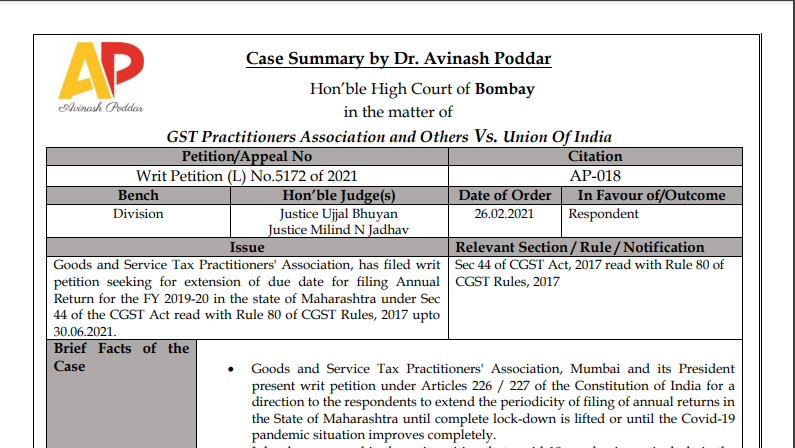 Bombay HC in the case of GST Practitioners Association Versus Union Of India