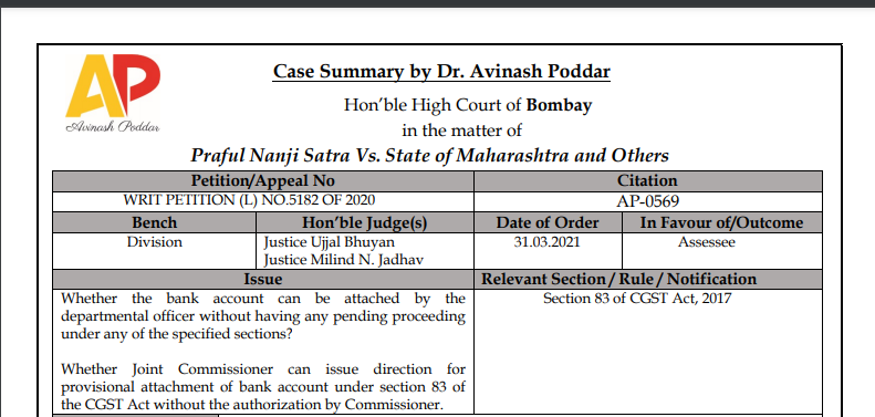 Bombay HC in the case of Praful Nanji Satra Vs. State of Maharashtra