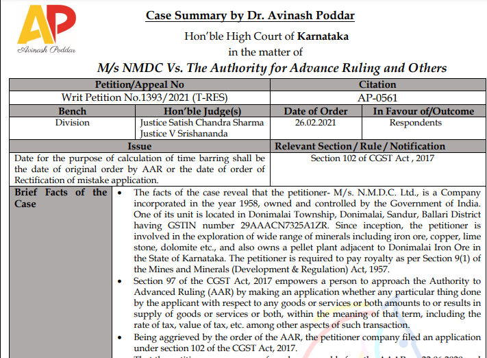 Karnataka HC in the case of M/s NMDC Vs. The Authority for Advance Ruling