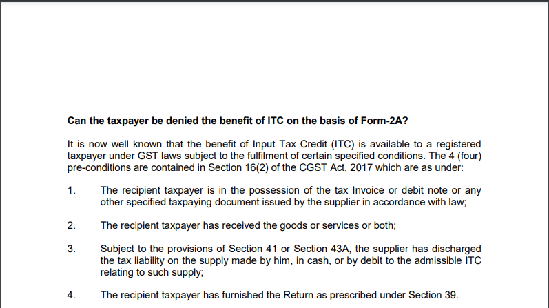Can the Taxpayer be Denied the Benefit of ITC on the Basis of Form-2A?