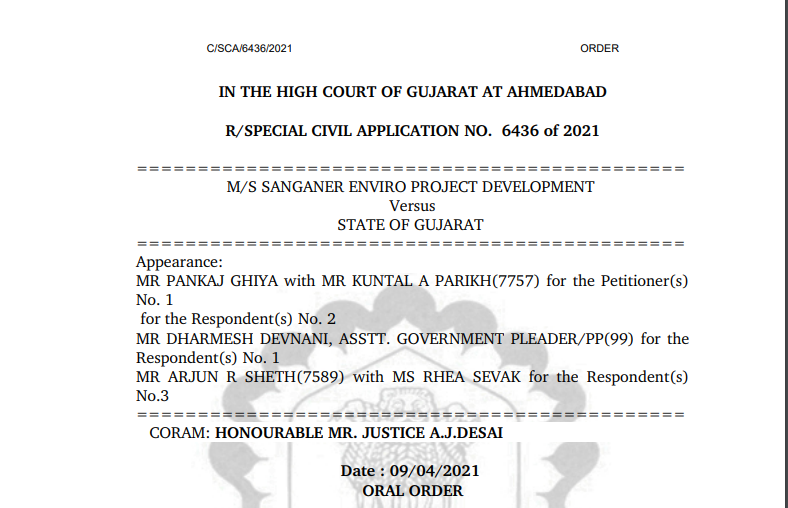 Gujarat HC Order in the case of M/s Sanganer Enviro Project Development Versus State of Gujarat