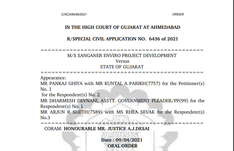 Gujarat HC Order in the case of M/s Sanganer Enviro Project Development Versus State of Gujarat