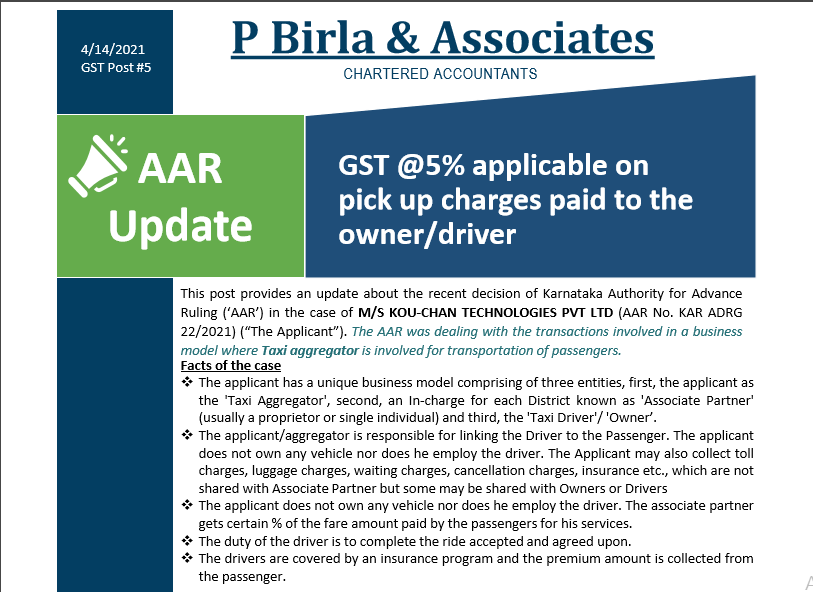 AAR Update- GST @5% applicable on pick up charges paid to the owner/driver