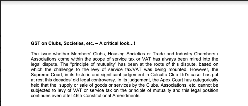 GST on Clubs, Societies, etc. – A critical look...!
