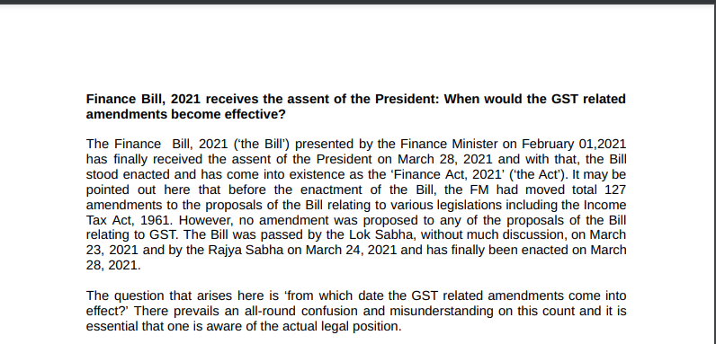 Finance Bill, 2021 receives the assent of the President: When would the GST related amendments become effective?