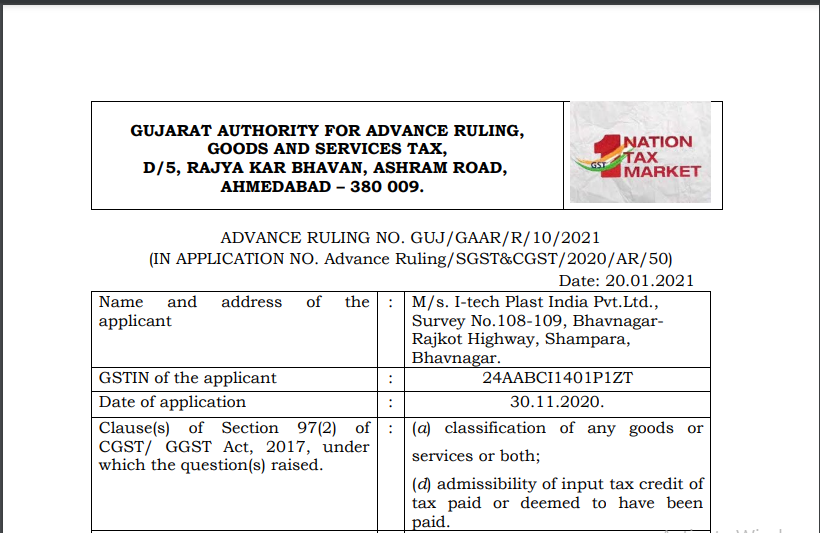 Gujarat AAR in the case of M/s. I-tech Plast India Pvt. Ltd.