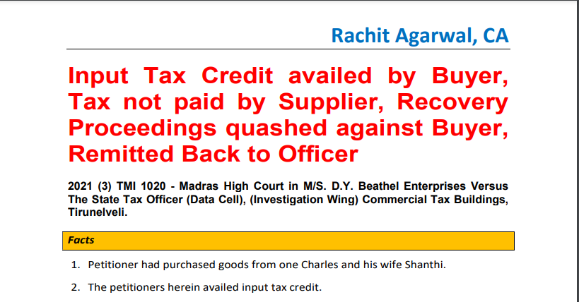 Input Tax Credit availed by Buyer, Tax not paid by Supplier, Recovery Proceedings quashed against Buyer, Remitted Back to Officer