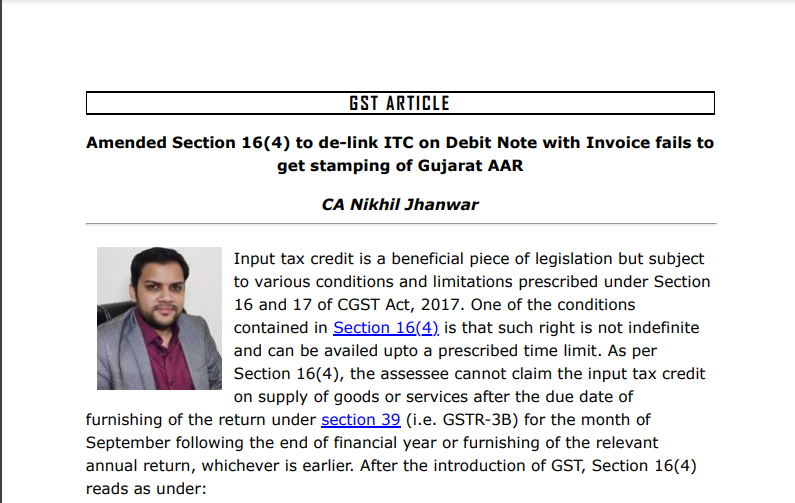Amended Section 16(4) to de-link ITC on Debit Note with Invoice fails to get stamping of Gujarat AAR.